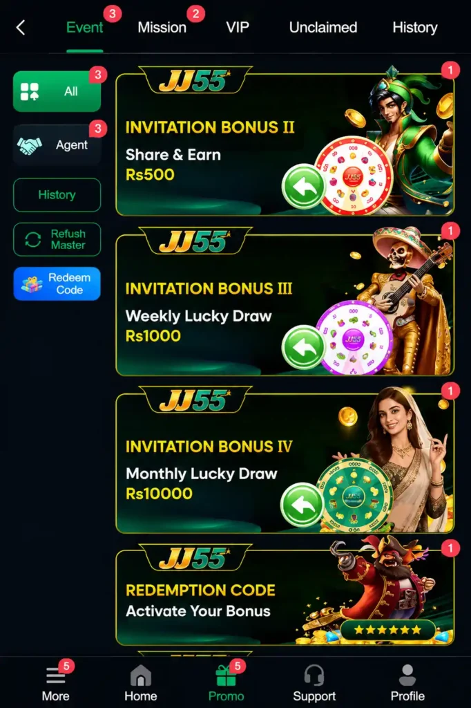 JJ55 Game promotions and rewards interface