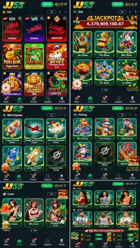 JJ55 Game mobile gaming interface and game categories
